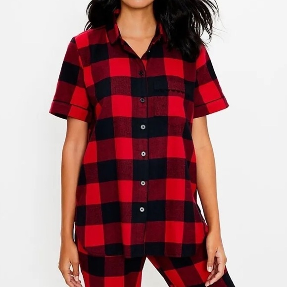 NWT Loft Buffalo Check Plaid Short Sleeve Button Down Pajama Top - Picture 1 of 6